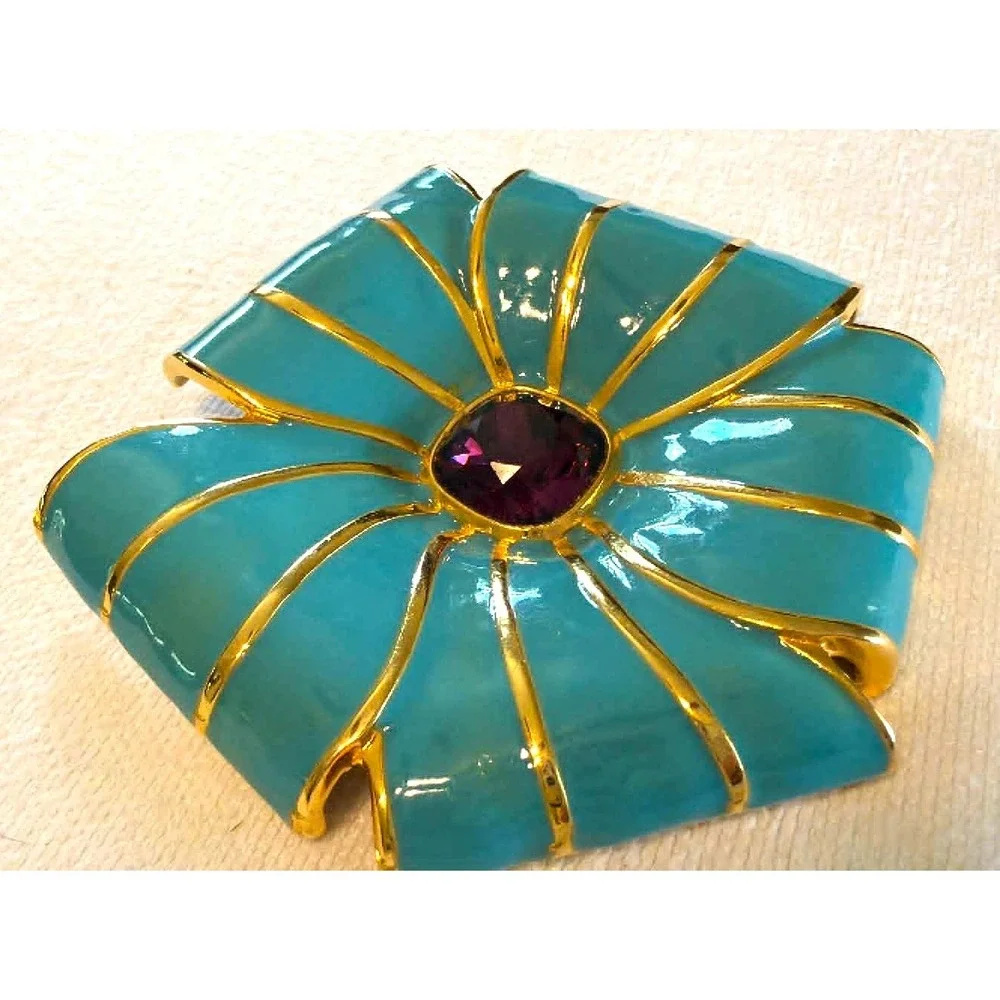 Kenneth Jay Lane Vintage Turquoise Enamel Purple Stone Bold Statement Brooch 80s